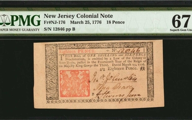 NJ-176. New Jersey. March 25, 1776. 18 Pence. PMG Superb Gem Uncirculated 67 EPQ.