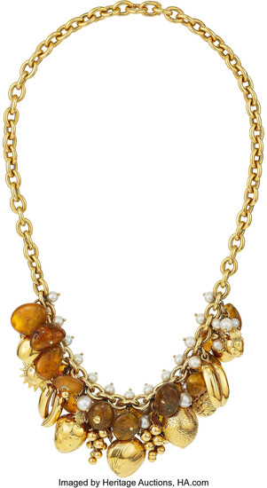 Nicolis Cola Amber, Cultured Pearl, Gold Necklace Stones: Amber...