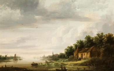 Niederländischer Maler des ausgehenden 17./ frühen 18. Jahrhunderts, NIEDERLÄNDISCHE FLUSSLANDSCHAFT MIT BOOTEN