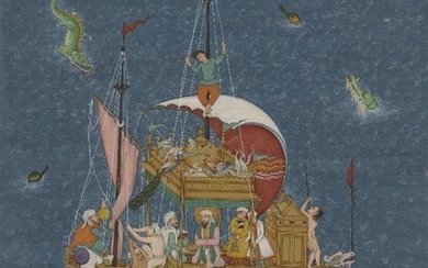 Noah's Ark by Ramesh Sharma, Jaipur, India, 20th century, extremely finely painted in gouache heightened with gold on paper, after the Mughal original, mounted and glazed - 39.8 x 31.5cm Provenance: Christie's, 12 October 2000, Lot 269