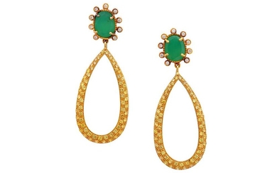 Noor l A pair of aventurine quartz, yellow sapphire and diamond pendent earrings