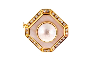 Octagonal gold brooch centred on a Mabé pearl on a...