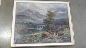 Oil on canvas - Highland scene with cattle to the foreground...