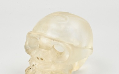 Old crystal glass memento mori skull. Transparent quartz crystal. Matte surface. Size: 11x15x9 cm. In...