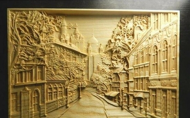 Our Town Carved Wooden Plaque, Street Scene