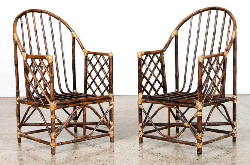 PAIR BAMBOO GARDEN CHAIRS ARCHED BACKS C. 1950