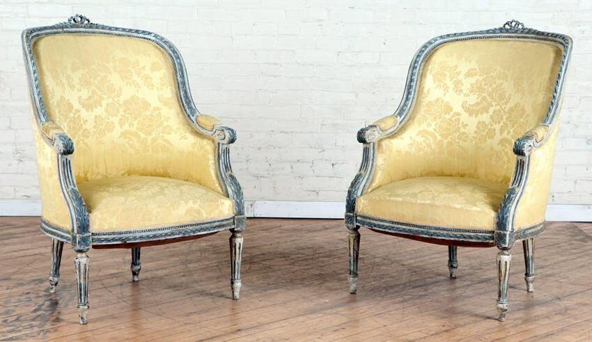PAIR CARVED PAINTED FRENCH BERGERE CHAIRS C.1920