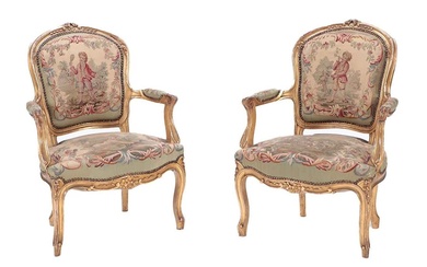 PAIR LOUIS XV STYLE CARVED AND GILT WOOD OPEN ARM...