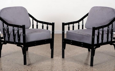 PAIR OF EBONIZED FAUX BAMBOO ARM CHAIRS
