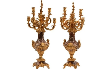 PAIR OF FRENCH GILT BRONZE & CARVED MARBLE CANDELABRA