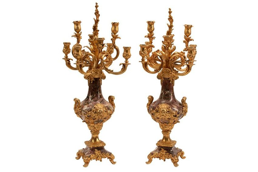 PAIR OF FRENCH GILT BRONZE & CARVED MARBLE CANDELABRA