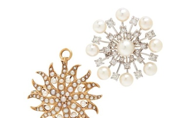 PAIR OF GOLD AND CULTURED PEARL BROOCHES