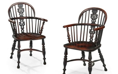 PAIR OF YEW AND ELM LOW WINDSOR ARMCHAIRS LATE