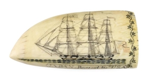 POLYCHROME SCRIMSHAW WHALE'S TOOTH IN THE MANNER OF EDWARD BURDETT Depicts a three-masted whaleship flying a large American flag off..