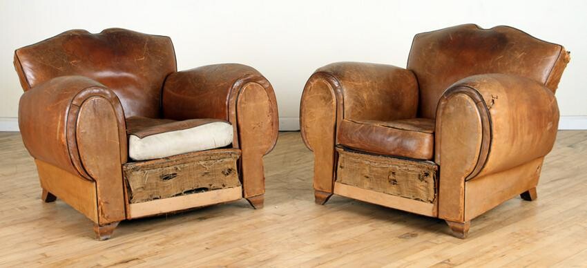 PR FRENCH LEATHER MUSTACHE BACK CLUB CHAIRS 1930