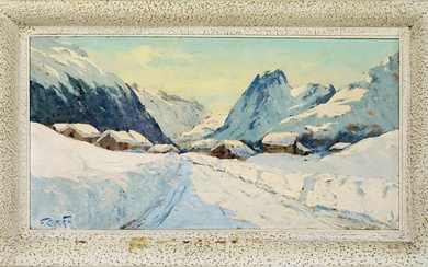 Paesaggio innevato, olio su tavola, cm 40x90,5, entro cornice., Francis Cariffa (1890 - 1975)