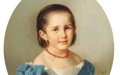 Painter unknown, 19th century: A young princess with blue ribbons. Signed and dated P.S. gb. S. 1865. Oil on canvas. 56×46 cm.