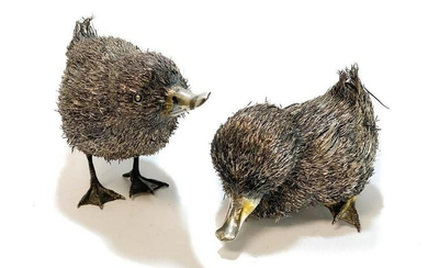 Pair 800 Silver Furry Duckling Figurines