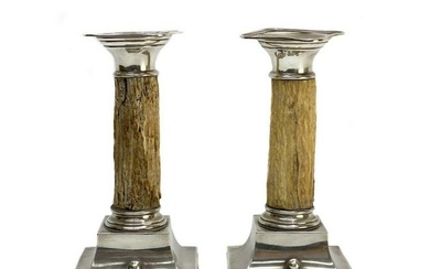 Pair American Sterling Silver and Antler Candlesticks