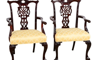 Pair Chippendale style carved mahogany open armchairs