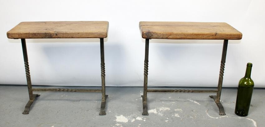 Pair French forged iron stools with oak seats
