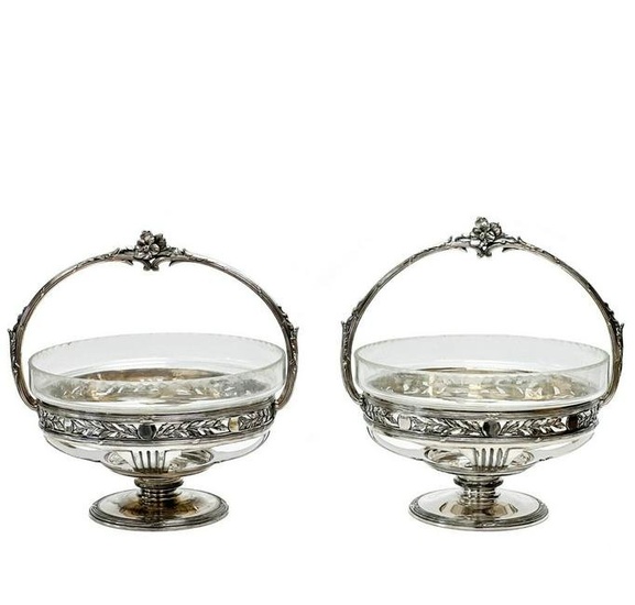 Pair O Gallia Christofle French Silver Plate & Glass Centerpiece Baskets c. 1915