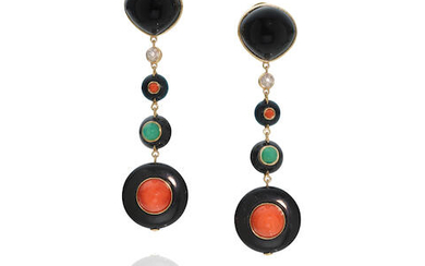 Pair Of Coral, Black Onyx and Diamond Pendant Earclips