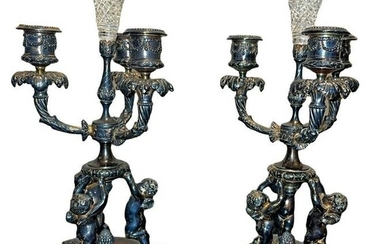 Pair PAIRPOINT Ornate Silverplate Cherub Candelabras Candle Holders