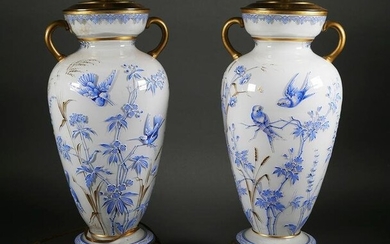 Pair Victorian Glass Handpainted Urn Lamps
