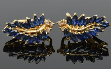 Pair of 18K gold sapphire and diamond foliage form ear