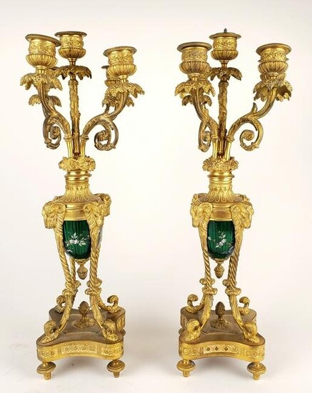 Pair of 19th C. French Gilt Bronze & Enamel Candelabras
