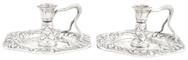 Pair of American Art Nouveau Sterling Silver Chambersticks