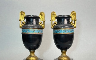 Pair of Antique Black Marble Vases with Gilt Bronze Swan Handle, 19th Century