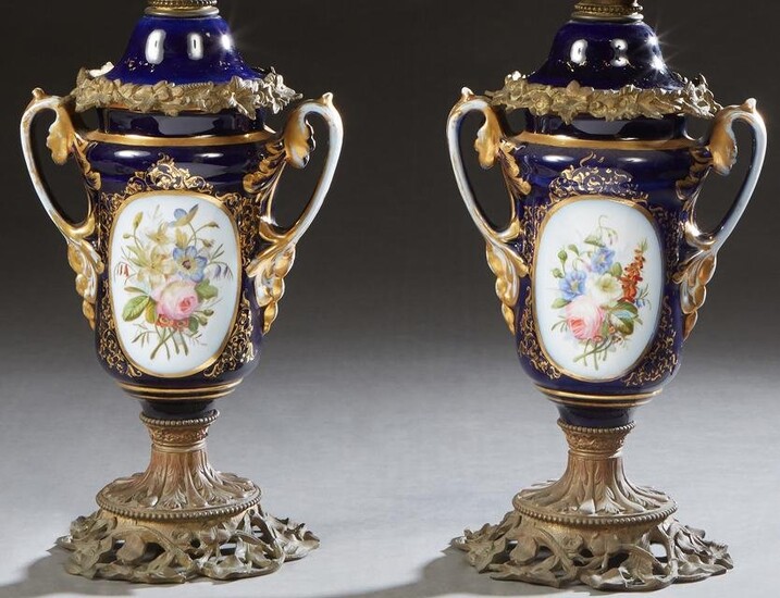 Pair of Brass and Iron Mounted Old Paris Porcelain Oil