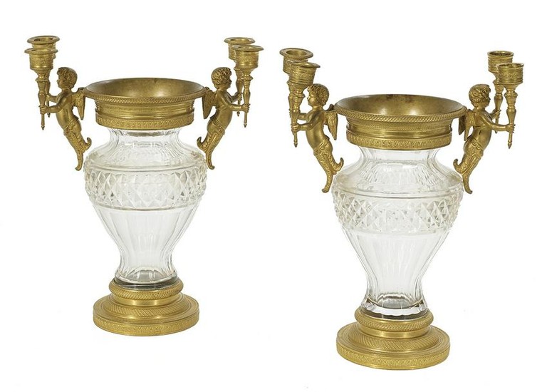 Pair of French Bronze and Cut Glass Urns