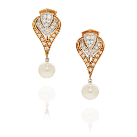 Pair of Gold, Pavé Diamond and Cultured Pearl Ear Clips