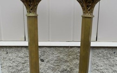 Pair of Older Ornate Brass Altar Candlesticks + +