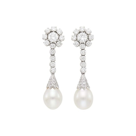 Pair of Platinum, Diamond and Cultured Pearl Pendant-Earclips