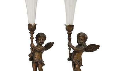 Pair of Porcelain and Bronze Cherub Candleholders
