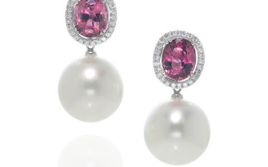 Pair of Spinel, Cultured Pearl and Diamond Pendant Earrings