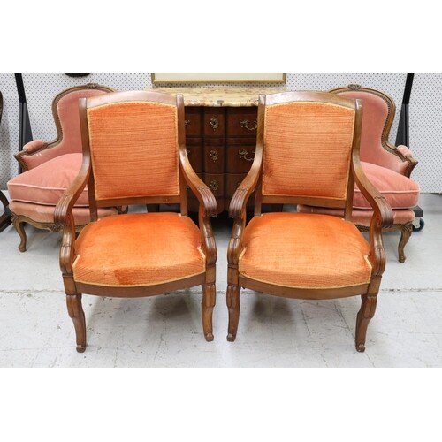 Pair of antique carved walnut French Louis Philippe armchair...
