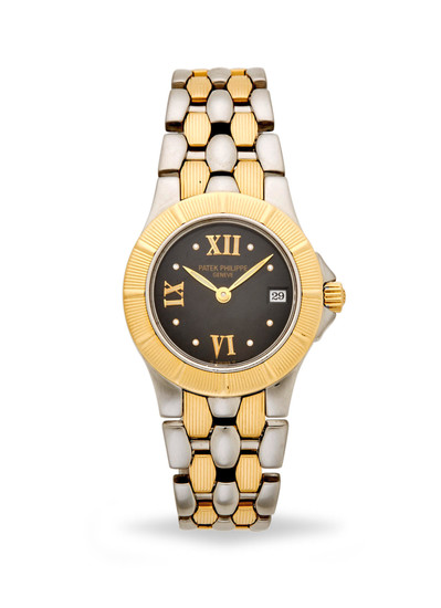 Patek Philippe. A stainless steel and gold lady's bracelet watch with date