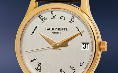 Patek Philippe, Ref. 3998J-013 A unique, extremely rare, culturally significant, and highly attractive yellow gold wristwatch with Egyptian hieroglyph dial, date, hang tag and presentation box