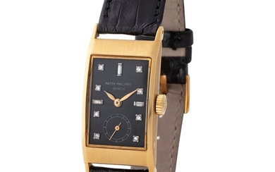 Patek Philippe. Special and Graceful Tegolino rectangular shape Wristwatch in Yellow Gold, Reference 425, With Black diamond-set Dial and Extract from Archives