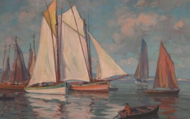 Paul BOUVIER (1857 - 1940) "Les voiliers le long de la côte" hst sbg. 46x61,5...