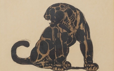 Paul JOUVE (1878-1973) Jaguar noir assis Lithographie originale en couleur. Epreuve d'artiste sur papier japon...