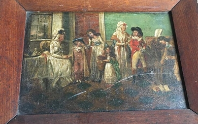 *Judiciaire* Peinture sur métal représentant une scène familiale XIXème siècle...