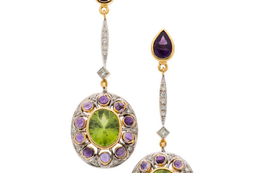 Peridot, Amethyst, Diamond, Gold Earrings The earrings feature oval-shaped...
