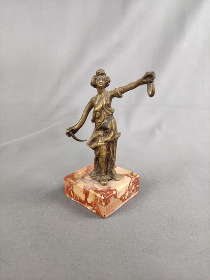 Pocket watch stand, figure in toga with dagger and a hook, on rectangular marble base, bronze, 19th
