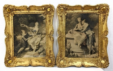 Pr French Style Courting Scene Prints. Fancy gilt frame